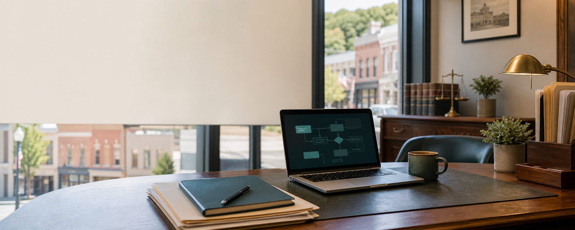A welcoming small-town legal office with organized case files and modern AI workflow tools.